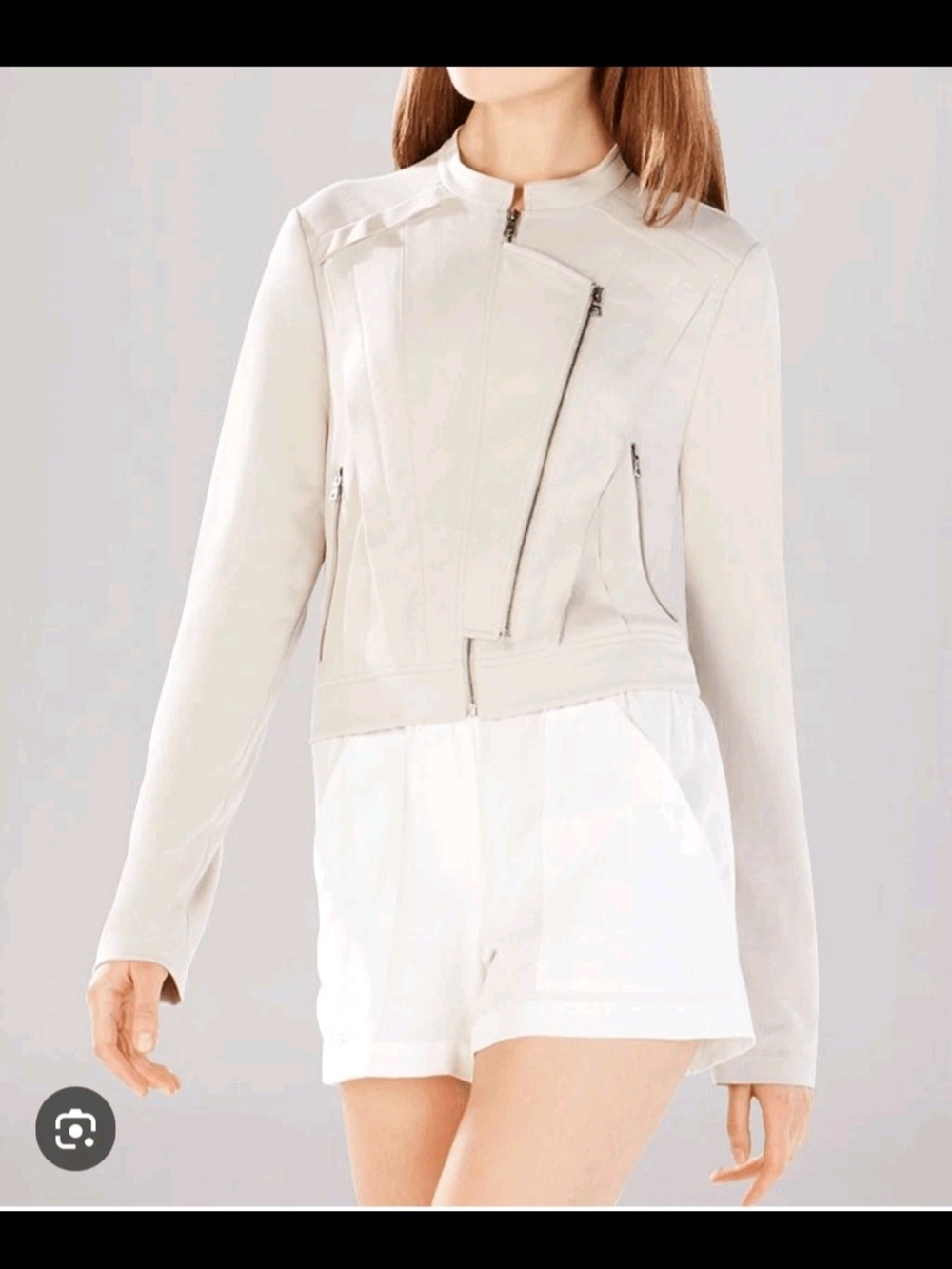 BCBGMaxAzria Kevin Diuble Zipper Asymmetric Zip Moto Jacket In Stone Size Small
